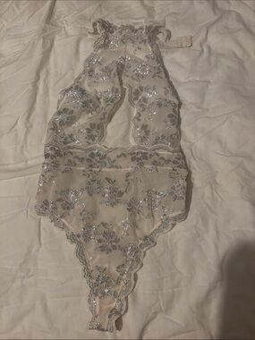 Victoria's Secret Sheer Lace Halter Teddy in Nude with Silver
